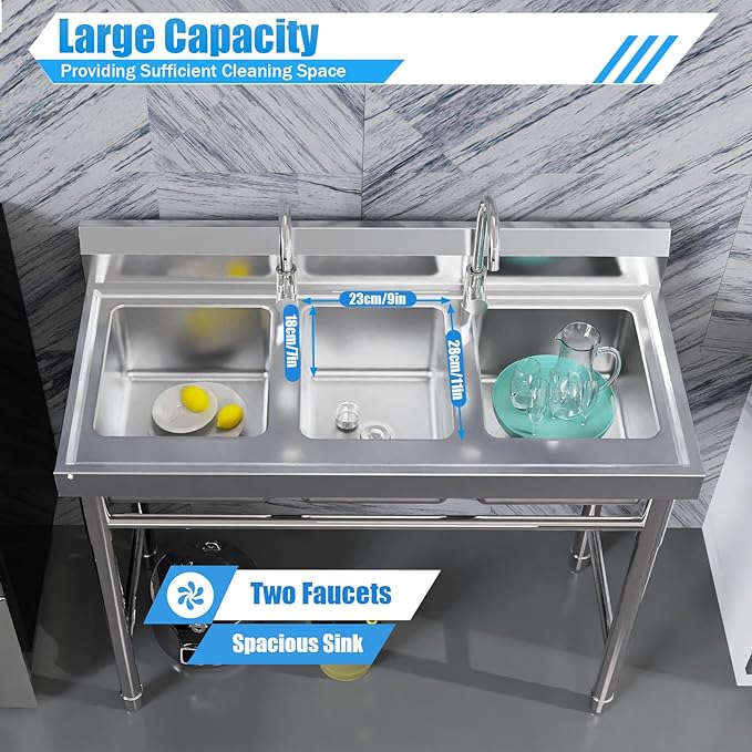 3-Basin Commercial Dishwashing Sink, 4Gal Stainless Steel Utility Sink, Heavy Duty Washing Station Food Prep Table for Restaurant Kitchen Laundry Canteen Bar