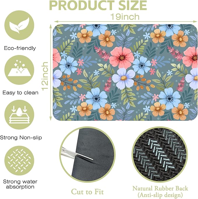 Dish Drying Mat Colorful Hand Draw Flowers Kitchen Mat 12"x19" Bsorbent Coffee Maker Mat for Dishes Utensils Coffee Maker Pots and Pans Easy Clean Dish Slip Resistant Pad