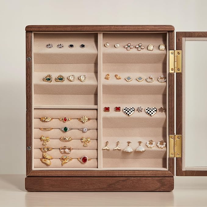 CHOSIN Black Walnut Wooden Jewelry Box, 360° Rotating Organizer with Glass Lid, 5 Drawers for Earrings, Rings, Necklaces – Vertical Jewelry Storage for Women Valentine's Day Gifts