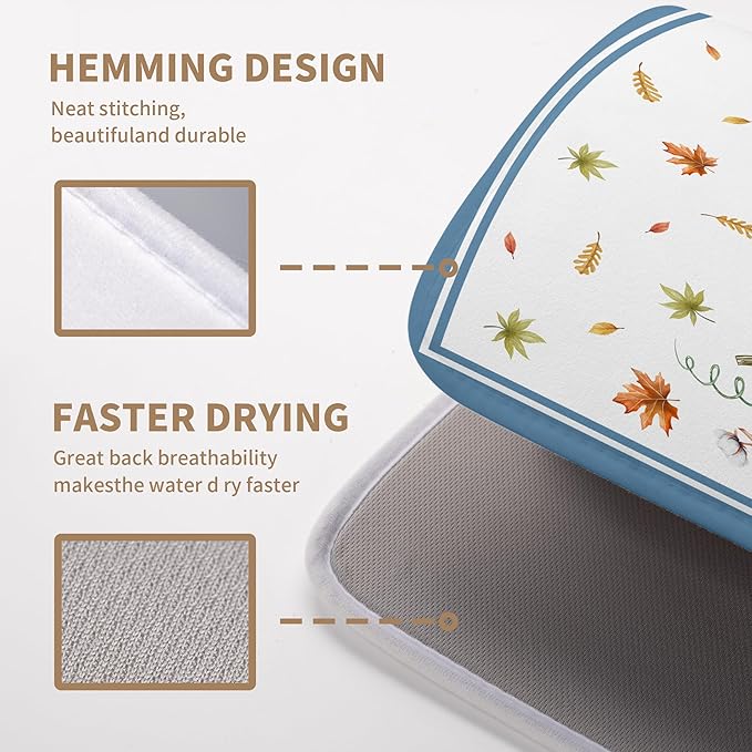 Fall Pumpkin Dish Drying Mat for Kitchen Counter 18×24 Inch Blue Dishes Pad Washable Thanksgiving Dish Rack Pad Drainer Mat Autumn Absorbent Reversible Microfiber Dish Drying Pad for Coffee Bar