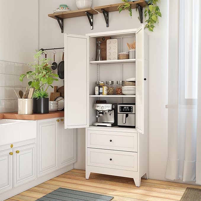 Kitchen Pantry Cabinet, 72" H Storage Cabinet with Doors and Adjustable Shelves, Metal Bathroom Cabinets with Drawers, Utility Cabinets for Kitchen, Living Room, Assembly Required, White