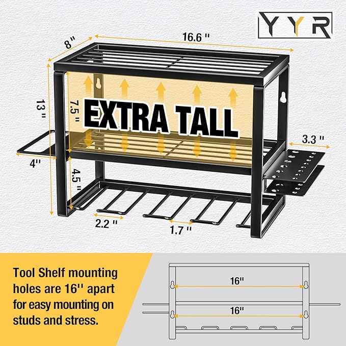 YYR Heavy Duty Power Tool Organizer Wall Mount, Cordless Drill Hanger Storage Rack, Battery Tools Holder with Charging Station Shelf for Garage Organization, Workshop, Pegboard, Shed - 16 Inch 4 Slots
