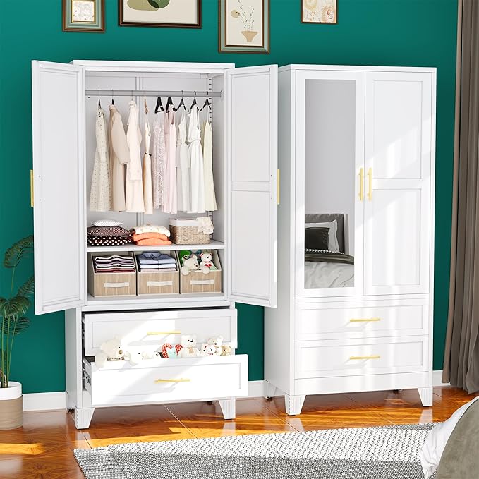 Metal Armoire Wardrobe Closet, 71 "Metal Clothing Storage Cabinet with Mirror and Adjustable Shelves, Household Steel Wardrobe Storage Cabinet with 2 Drawers and Hanging Rod(Armoire-White)