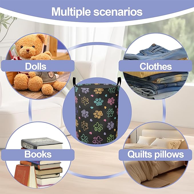 Colorful Paw Print Laundry Hamper Large Canvas Fabric Lightweight Storage Basket/Dirty Clothes Collapsible Waterproof for College Dorms, Boys and Girls Bedroom,Bathroom