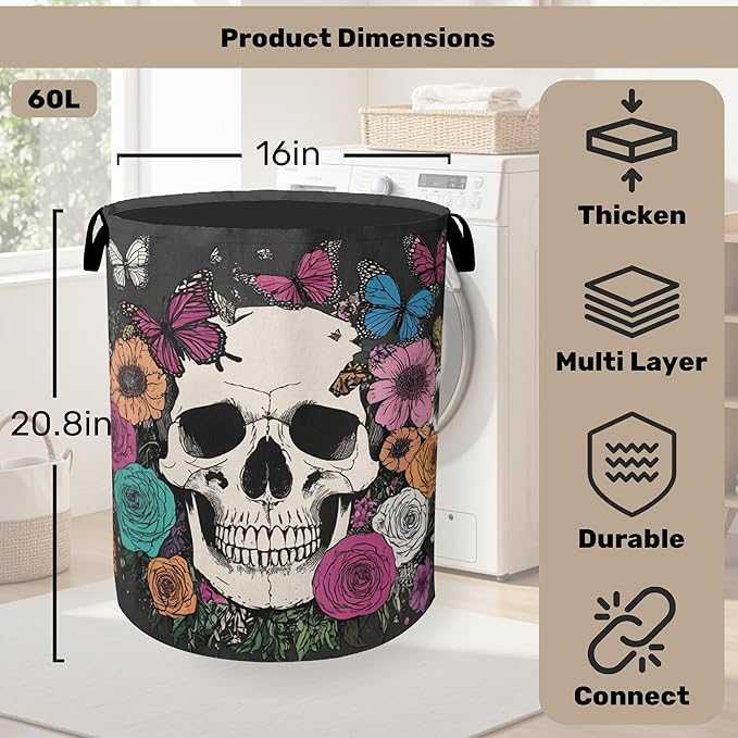 Skull Gothic Laundry Hamper - Foldable Waterproof Fabric Laundry Basket with Handles, Clothes Storage for Laundry,Bedroom,Dorm