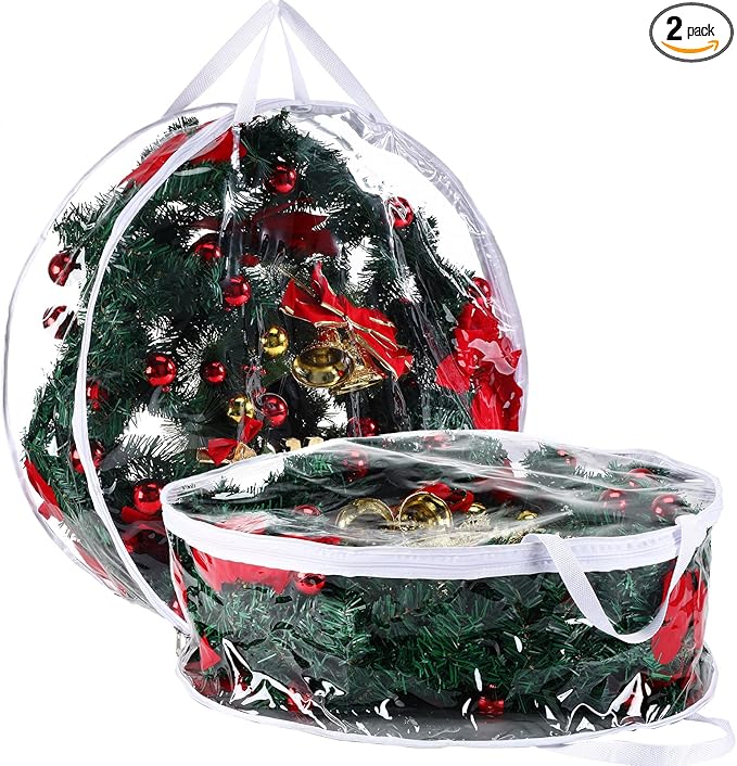 Shappy 2 Pieces Clear Christmas Wreath Storage Container 24 Inches Xmas Wreath Storage Bag Plastic Christmas Garland Container with Dual Zippers and Reinforced Handles for Xmas Seasonal (Clear)