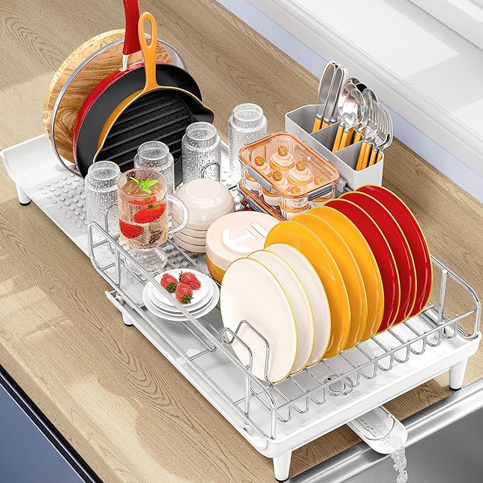 TOOLF Expandable Dish Rack, Dish Drying Rack for Kitchen Counter, Foldable Dish Dryer Rack, Stainless Steel Dish Drainer Racks with Cutlery Holder, Collapsible Dish Drying Racks Large Size, White