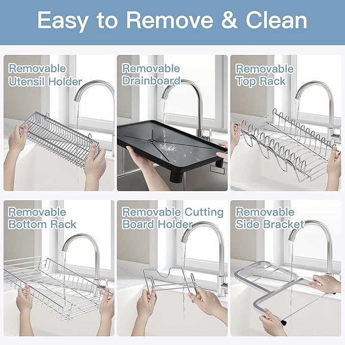 2 Tier Silver Large Capacity Dish Drainers Drying Rack for Kitchen Counter, Metal Stainless Steel Rust Proof Plate Strainers Holder On Countertop with Drainboard Tray, Space Saving, Aesthetic Modern