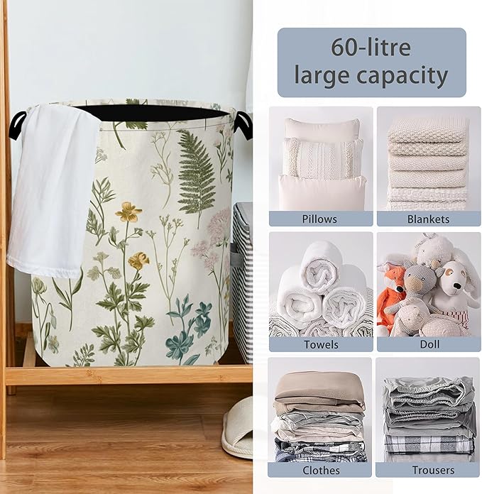 Wildflowers Herb Laundry Basket,Plants Botanical Oxford Cloth Laundry Hamper with Handle Foldable Portable Clothes Storage Basket for Bathroom Bedroom Dorm Room 16" x 20.8"