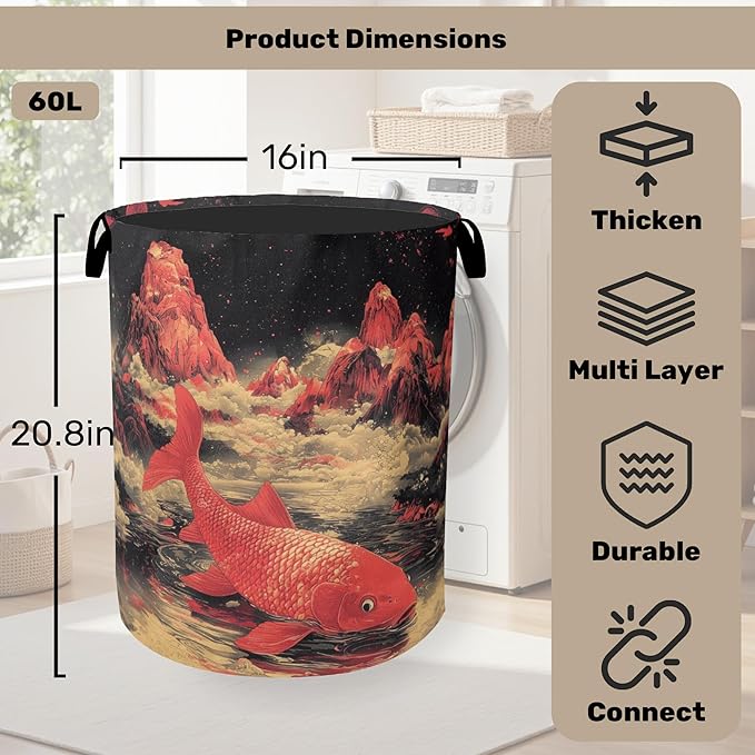 Japanese Style Red Fish Laundry Basket - Heavy Duty 60L Dirty Clothes Organizer, Water Resistant Foldable Hamper for Men Women