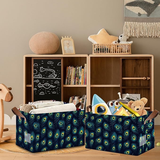 Retro Peacock Storage Basket with Handles,Collapsible Rectangle Organizer Bin for Room Decoration Books Box Baskets 17x11.5x10Inch