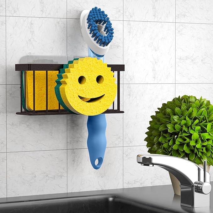 MURLONG Sponge Holder Smiley Face,Sink Caddy,Sink Organizer with 2 Suction Cups/1 Adhesive Strips,Designed for Sponge,Soap,Dish Brush,Scrubber - Bronze