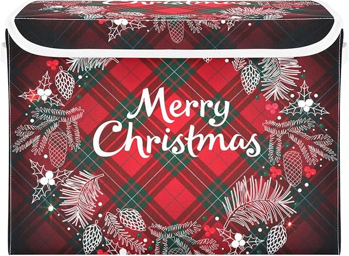 Christmas Baskets Collapsible Storage Bins with Lids, Christmas Monogram Wreath Tartan Plaid Storage Boxes Clothes Baskets for Organizing
