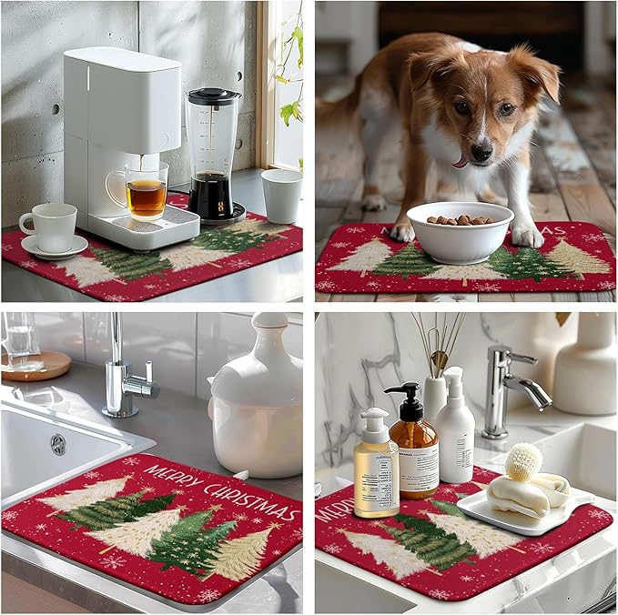 Wnoesat Merry Christmas Dish Drying Mat for Kitchen Counter 16x18 Inch Red Xmas Tree Snowflakes Drying Pad Winter Holiday Absorbent Microfiber Dish Draining Reversible Dish Drainer Rack Mat