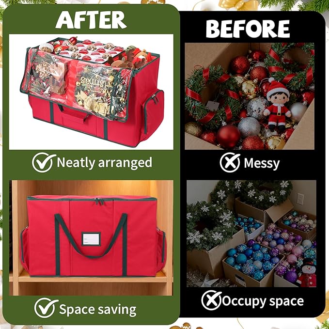 2-in-1 Christmas Ornament Storage Box & Xmas Figurine Container with Dual Zipper Closure Adjustable Dividers and Removable Trays Premium Christmas Ornament Storage Container, Red
