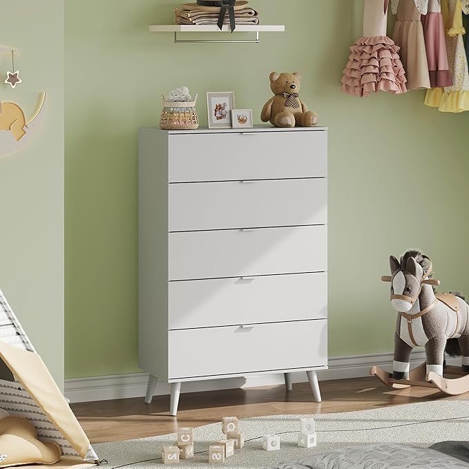 WLIVE 5 Drawer Dresser for Bedroom, Tall Wooden Dresser, White Dressers Storage Organizer with Sturdy Metal Handle, Chest of Drawers for Living Room, Hallway, Closet