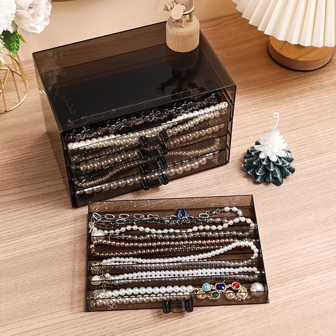 Necklace Organizer Box with 5 Trays, Dustproof Storage Holder Display Case, Tray Drawer for Pendant Chains, Suitable for Women and Girls (Black)