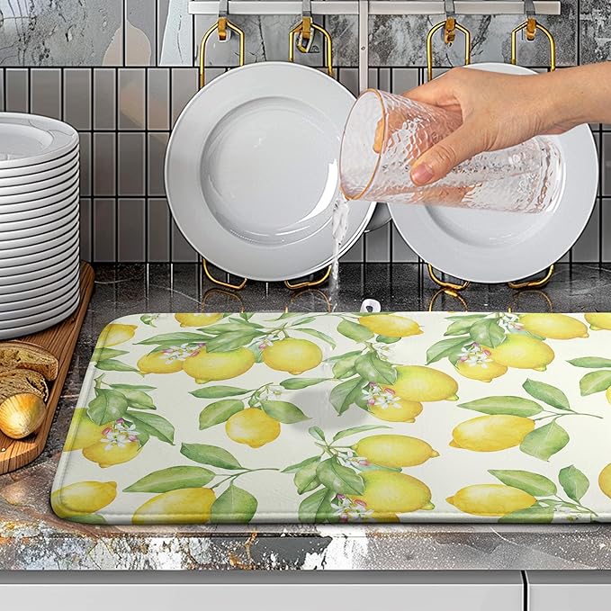 Wnoesat Summer Lemon Drying Mat Watercolor Fruit Yellow Lemon With Green Leaf Floral Dish Drying Mats for Kitchen Counter 18×24 Inch Microfiber Absorbent Dish Pad