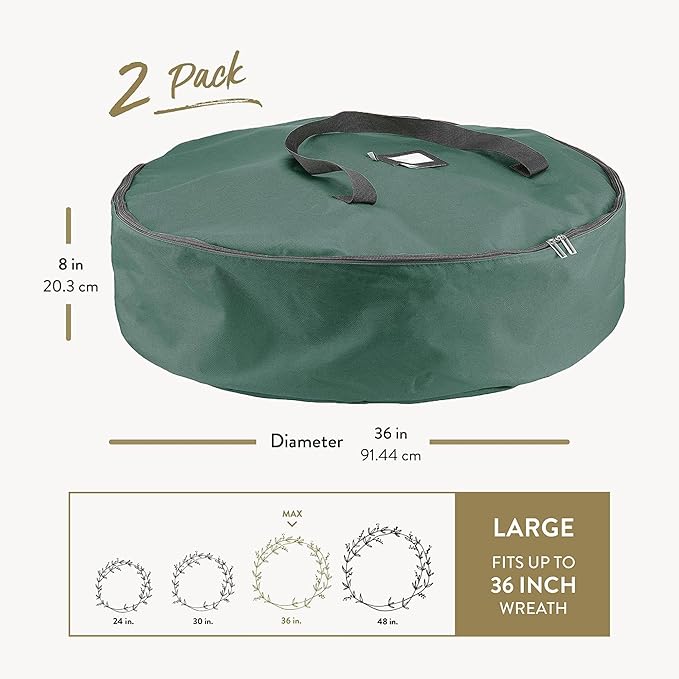 ZOBER 2 Pack Oxford Christmas Wreath Storage Container 36 Inch - Wreath Bag for Artificial Wreaths Box - Waterproof Fabric, Dual Zippered Wreaths Storage Bag With Strong Durable Handles - Green