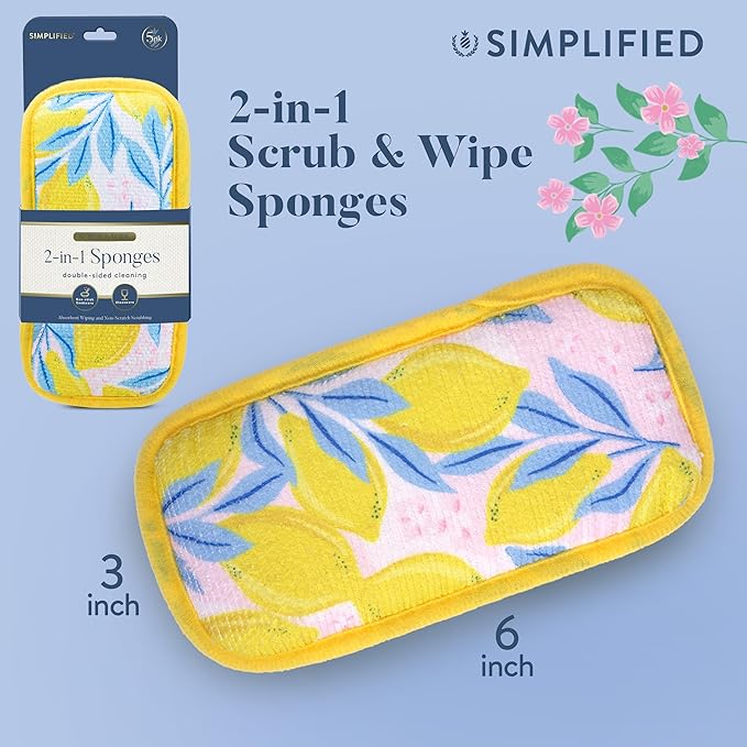 Simplified 5-Pack Scrub & Wipe 2-in-1 Dishwashing Sponges - Non-Abrasive Cleaning Sponges, Double-Sided - Safe for Dishes, Non-Stick Pans or Glassware, Absorbent Dish Sponges, Yellow Leaves