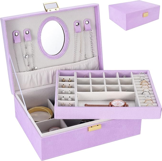 Dajasan Girl's Jewelry Box, Jewelry Organizer Box with Mirror, Velvet Jewelry Box for Little Girls Kids, Jewelry Gift Box for Christmas, Birthday, New Year (Purple)