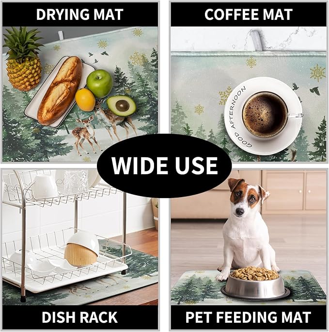 Kwlegh Reindeer Tree Snowflakes Christmas Dish Drying Mats for Kitchen Counter 18x24 Inch Winter Forest Dish Drainer Mats Absorbent Reversible Dish Draining Microfiber Dishes Drying Pad