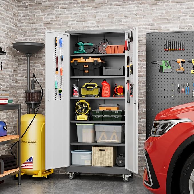 71" Metal Storage Cabinet with Wheels and Pegboard, Lockable Rolling Steel Storage Cabinet with 5 Adjustable Shelves and Door for Garage, Office, Kitchen, Assembly Required（Grey and White）