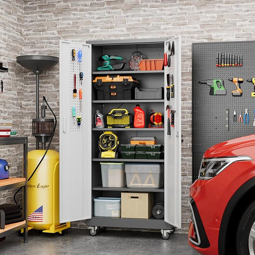 71" Metal Storage Cabinet with Wheels and Pegboard, Lockable Rolling Steel Storage Cabinet with 5 Adjustable Shelves and Door for Garage, Office, Kitchen, Assembly Required（Grey and White）