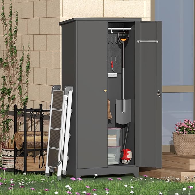 Outdoor Storage Cabinet,Garden Storage Cabinet with Sloping Roof and Waterproof Coating,Metal Storage Cabinets with Lockable Doors for Backyard,Lawn,Dark Gray
