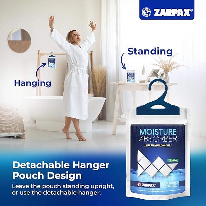 Zarpax Moisture Absorber Sachets Activated Charcoal 7.5 oz/212g - Remove Excess Moisture In Air & Odor - Desiccant Dehumidifier for Closet, Drawer, Storage - Dampness & Humidity Control - Set of 20