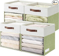 Storage Cubes, 4 Pack Linen Foldable Storage Bins (13 x 13 inch) with Clear Window and Handles, Fabric Organizer for Shelf Closet, Clothes, Books - (Green and White)