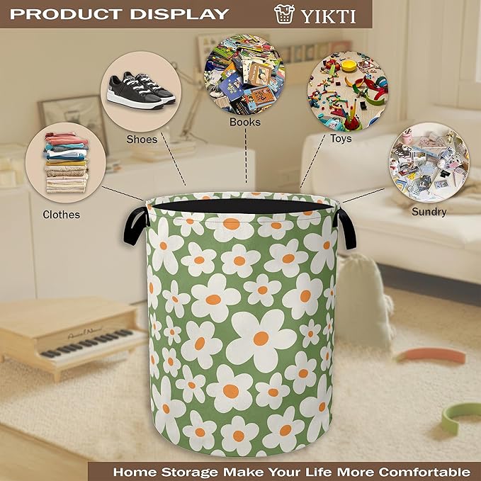 70s Groovy Flower Laundry Hamper,Green Floral Collapsible Laundry Baskets,Waterproof Oxford Cloth Laundry Room Organization for Bedroom,Bathroom,Nursery,16x20 Inch