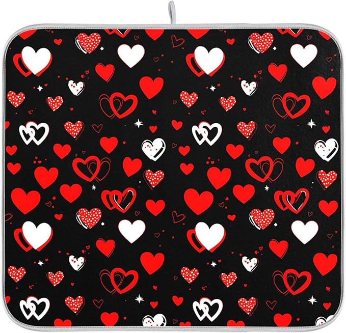 Black Love Heart Dish Drying Mat for Kitchen Countertop 16x18 Happy Valentine's Day Small Drying Mat Reusable Quick Dry Dish Sink Mats Easy Clean Decorative Essentials
