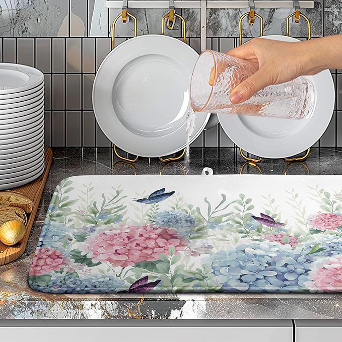 Spring Flowers Dish Drying Mat for Kitchen Counter Blue Pink Hydrangea Floral Drying Mats Absorbent Reversible Microfiber Dish Draining Mat Reusable Washable Dishes Pad Extra Large 18"x24"