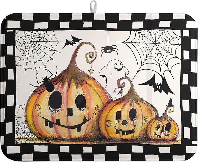 Wnoesat Happy Halloween Fall Pumpkin Dish Drying Mat for Kitchen Counter 18x24 In Spooky Ghost Bats Spider Web Buffalo Plaid Drying Mats Microfiber Dish Drainer Mat Large Absorbent Fast Dry Pad
