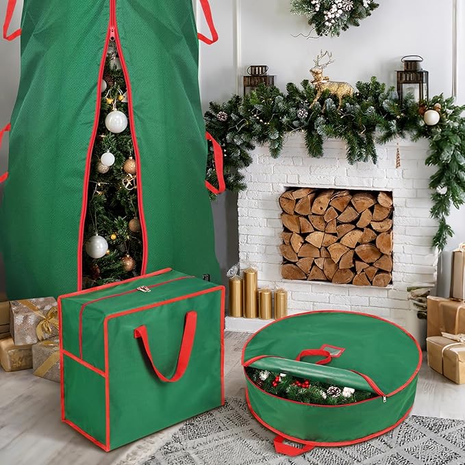 3PCS Upright Christmas Tree Storage Bag Set, Christmas Tree Covers for Upright Storage with Christmas Wreath & Ornament Storage Bags, Christmas Tree Cover for 7.5 Ft Assembled Christmas Tree