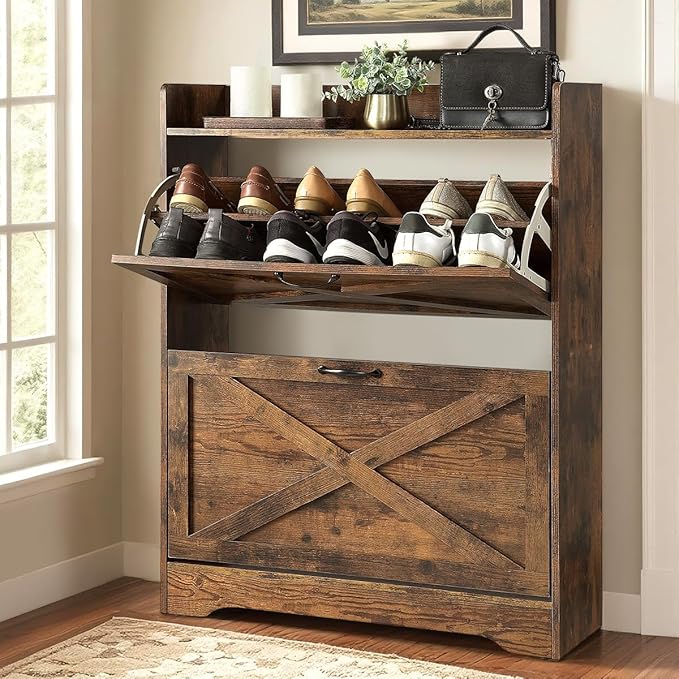 Shoe Cabinet with 2 Flip Drawers & Adjustable Shelf,Wood Shoe Organizer,Freestanding Hidden Shoe Storage Cabinet for Entryway,Hallway