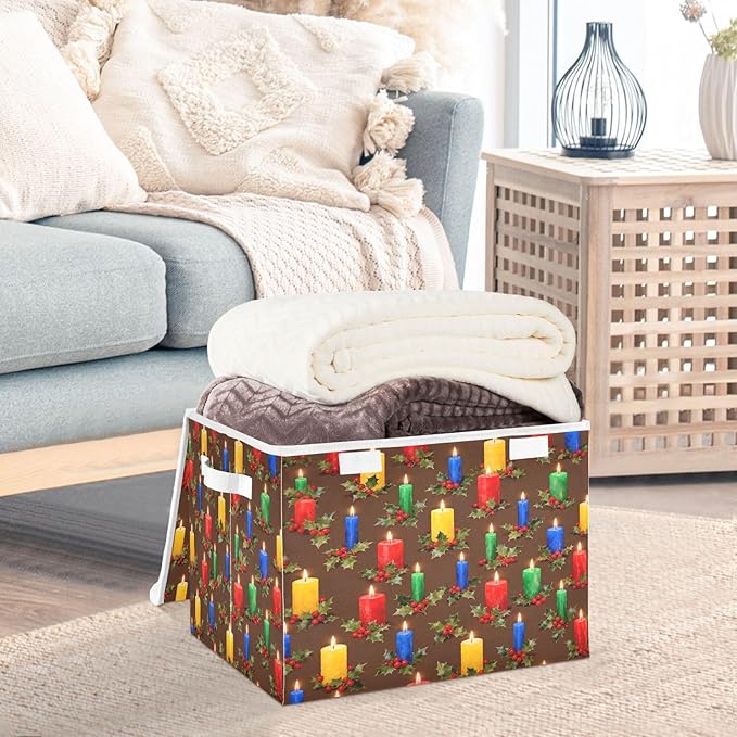 Christmas Candles Holly Berries Storage Bins with Lids Foldable Storage Basket with Handles Collapsible Large Fabric Organizer Containers for Clothes Shelves Closet Office Home