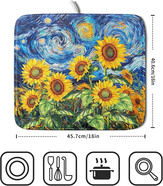 Sunflower Dish Drying Mat for Kitchen Counter 18x16 Inch Starry Night Drying Mat with Absorbent Reversible Microfiber Farmhouse Floral Dish Drainer Mats Rack Pad for Coffee Countertop Protector