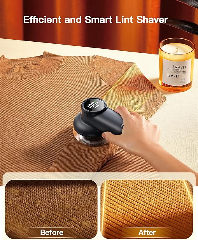 coldSky Rechargeable Fabric Shaver, Lint Shaver with Digital Display, Sweater Shaver with 6-Leaf Blades and Safety Lock, 3-Speeds Defuzzer Remove Fuzz, Pills from Clothes, Furniture, Sofa, Dark Gray