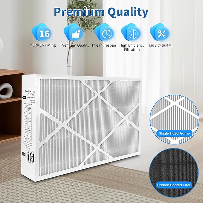 （2 Pack）X6672 16x25x5 MERV 16 Filter Compatible with Lennox X6672 and Lennox HCC16-28 Healthy Climate Carbon Clean MERV 16 Home Furnace Filter for HVAC System, Part Number HCF16-16, HCF16-10