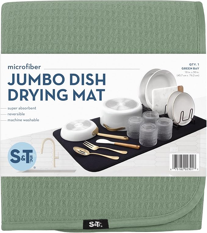 S&T INC. Dish Drying Mat Jumbo, 18” x 30”, Absorbent Microfiber Kitchen Counter Mat, Dish Drying Pad for Dishes, Utensils, Pots and Pans, Jumbo, Sage Green