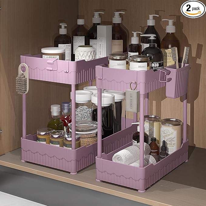 Sevenblue 2 Pack Under Sink Organizer, Under Bathroom Cabinet Organizer with Hooks Hanging Cup, Multi-Purpose Storage Shelf for Kitchen Bathroom (Pink, L)