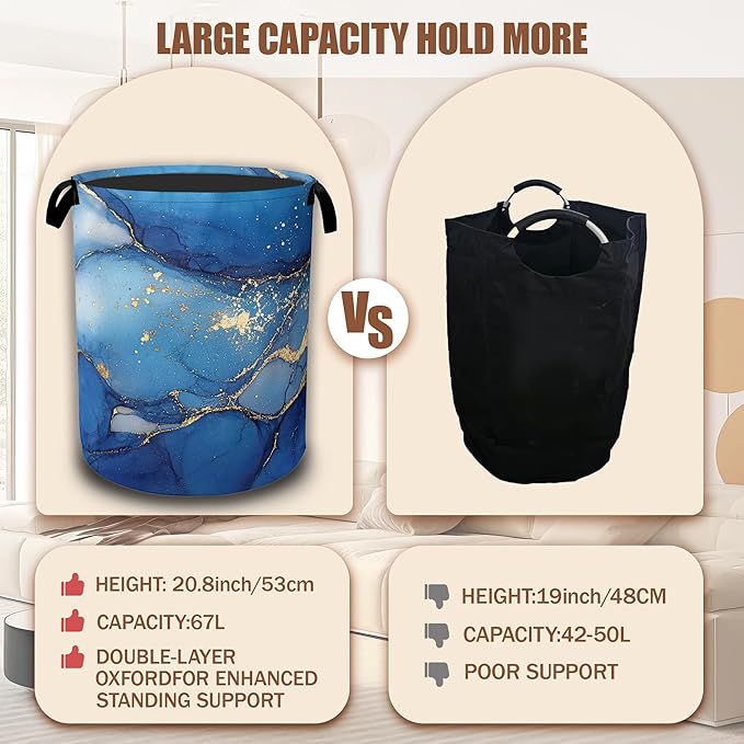 Blue Gold Marble Laundry Basket, Laundry Hamper Waterproof Oxford Cloth Tote Collapsible,Clothes Storage Bucket Decorative Toy Organizer For Bathroom Bedroom 16" x 20.8"