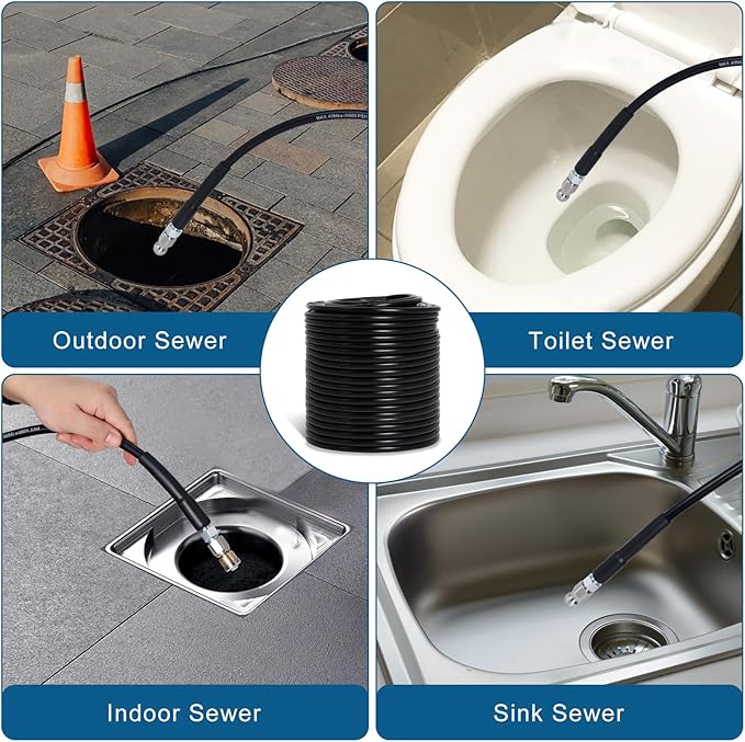Zejoot 200FT Sewer Jetter Kit for Pressure Washer, 5800PSI Drain Cleaner Hose 1/4 Inch NPT Corner with 4 Sewer Jetting Nozzles，Waterproof Tape，Pearl Corsage Pin，Handle Strap & 2 Spanners (Black)