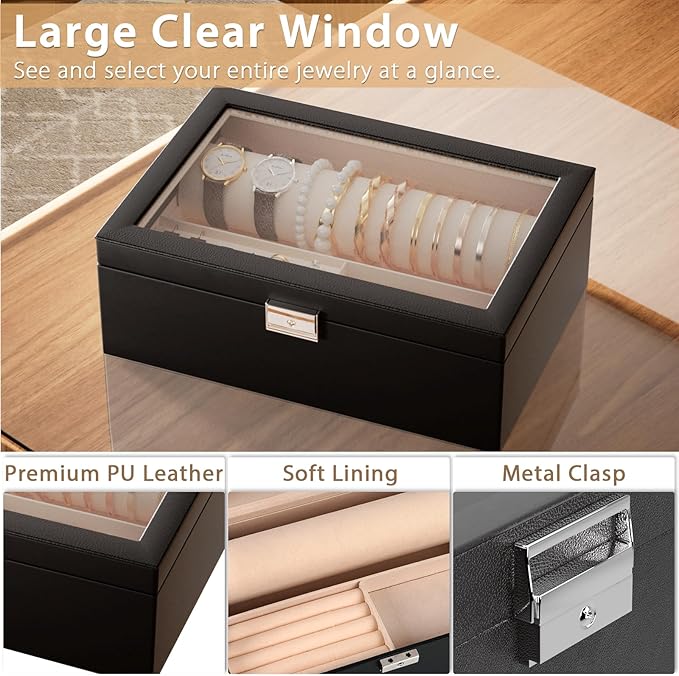 Jewelry Organizer Box with Clear Glass Lid, Bracelet Holder Jewelry Storage Case for Earrings, Rings, Bangles, Watches - PU Leather Jewelry Display Box Gifts for Women Girls, Black