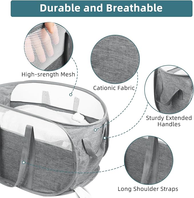 Collapsible Laundry Baskets, Tear Proof Pop Up Laundry Hamper with Dual Handles, Durable Foldable Laundry Basket, Easy to Carry Laundry Hamper for Home, Laundry Room, Bedroom, Dorm, Travel Grey