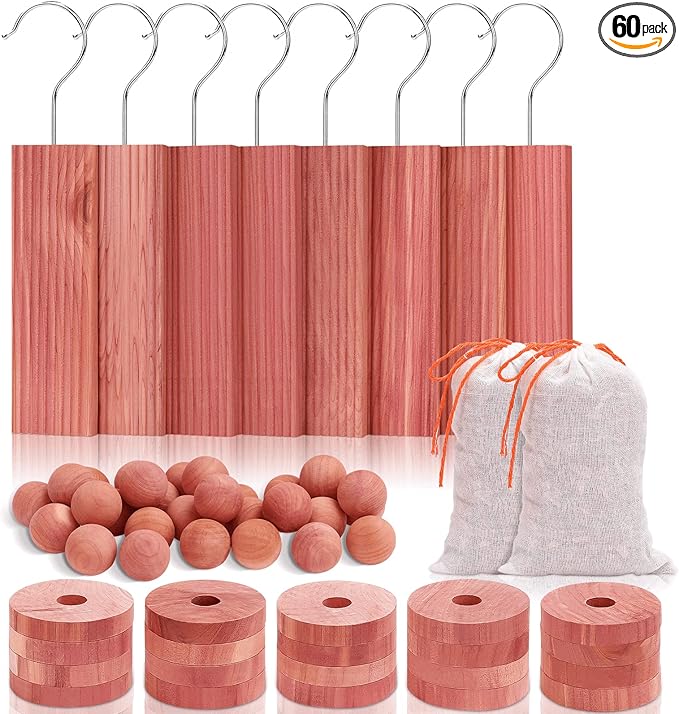 Homode Cedar Blocks for Clothes Storage, Set of 60, Cedar Chips & Sachets - Aromatic Cedar Wood Balls for Closets, Drawers, Fresh Essentials