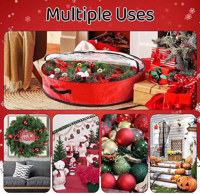 Pwsap 2 Pack Christmas Wreath Storage Container - 36 Inch, Garland Storage, Christmas Large Wreath Storage Container Cover, Durable Tarp Material, Dual Zipper Storage Bag for Xmas Holiday, Red