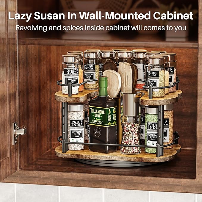 Lazy Susan Organizer Spice Rack - Spice Organization for Cabinet Height Adjustable Rotating Lazy Turntable, Pantry Kitchen Wood Revolving Seasoning Organizer (12 Inch)